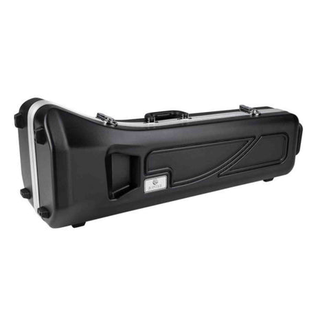 The image shows a hard case for a wind instrument, likely a flute or piccolo, with a black molded exterior, chrome metal latches, and a carrying handle. It features recessed ridges for strength and a small manufacturer's label. Designed to protect delicate instruments, the case provides secure closure and custom-fitted interior padding (not visible) for safe transport and storage.