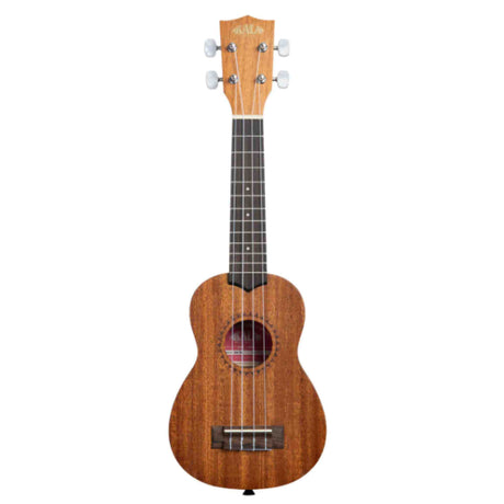 The image shows a wooden Kala ukulele with a natural grain finish, featuring a traditional figure-8 soprano or concert-sized body, four strings, a dark rosewood or ebony fretboard with markers, four white tuning pegs on the headstock, a central sound hole, and a bridge anchoring the strings. This mid-range acoustic instrument is suitable for beginners and intermediate players, known for its warm, mellow tones.