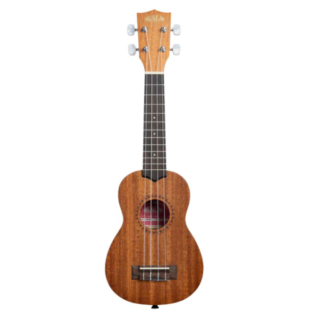 The image shows a wooden Kala ukulele with a natural grain finish, featuring a traditional figure-8 soprano or concert-sized body, four strings, a dark rosewood or ebony fretboard with markers, four white tuning pegs on the headstock, a central sound hole, and a bridge anchoring the strings. This mid-range acoustic instrument is suitable for beginners and intermediate players, known for its warm, mellow tones.
