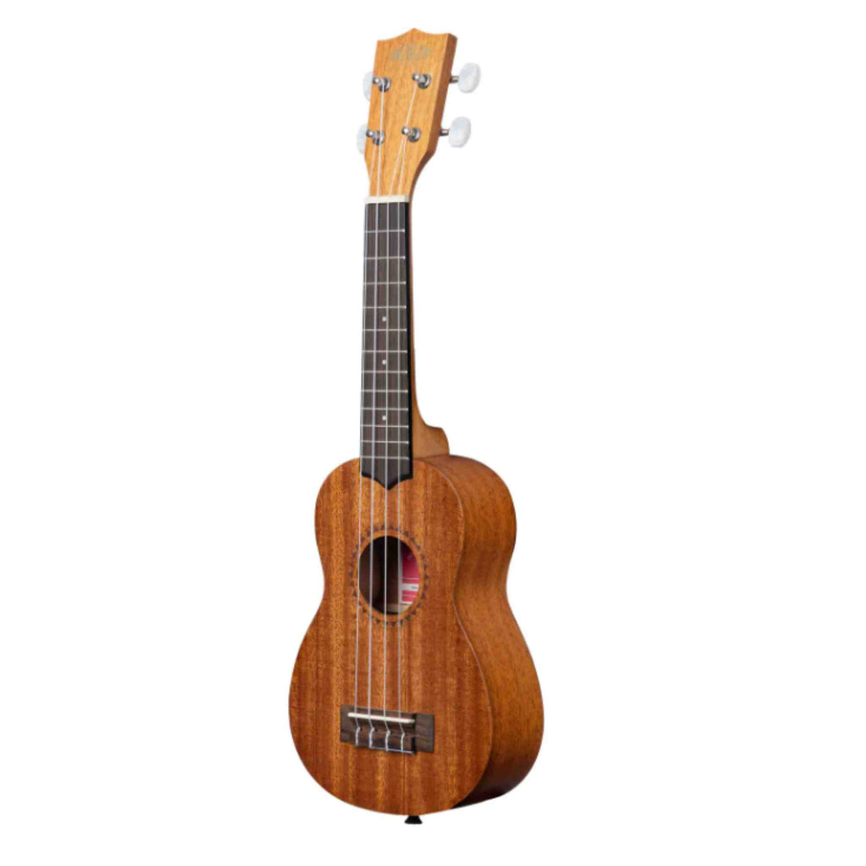 The image shows a soprano or concert-sized ukulele with a natural wood finish and visible grain. It has a traditional figure-8 body shape, a central sound hole, four strings, and a dark fretboard with dot markers. The headstock features four tuning pegs with cream-colored buttons. The small bridge anchors the strings. Ukuleles are small, four-stringed instruments known for their bright, cheerful sound and are popular in Hawaiian, folk, and contemporary music.