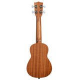 The image shows the back view of a wooden ukulele with a warm, natural finish highlighting the wood grain. Visible features include the headstock with four white tuning pegs, a long neck, and the small guitar-like body. The tuning machines appear chrome-plated. The ukulele is likely concert or tenor size, known for its bright sound and popular in Hawaiian, folk, pop, and indie music.
