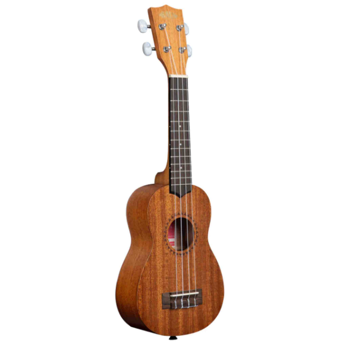 The image shows a soprano ukulele with a warm brown koa or mahogany body, a dark wood fretboard with white inlays, and four nylon strings. It features a round sound hole, white/light bridge, and four cream-colored tuning pegs on a matching wood headstock. This classic acoustic instrument is known for its bright sound and is popular for beginners and casual players.