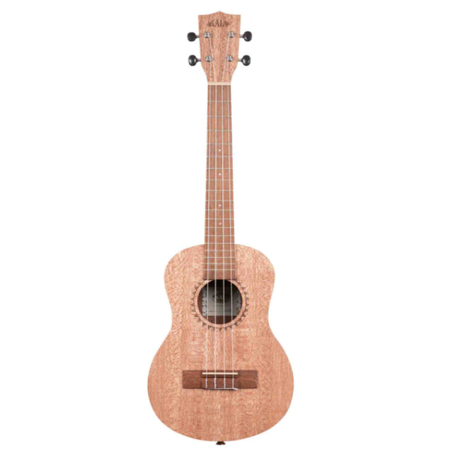 The image shows a light-colored wooden ukulele, likely mahogany, with a traditional rounded body and natural wood grain. It has four strings, black tuning pegs, a circular sound hole with rosette inlays, a wooden bridge, and a fretted neck with dot markers. The headstock features the "KALA" brand. This concert or tenor-sized ukulele is photographed against a white background in a product-style image.