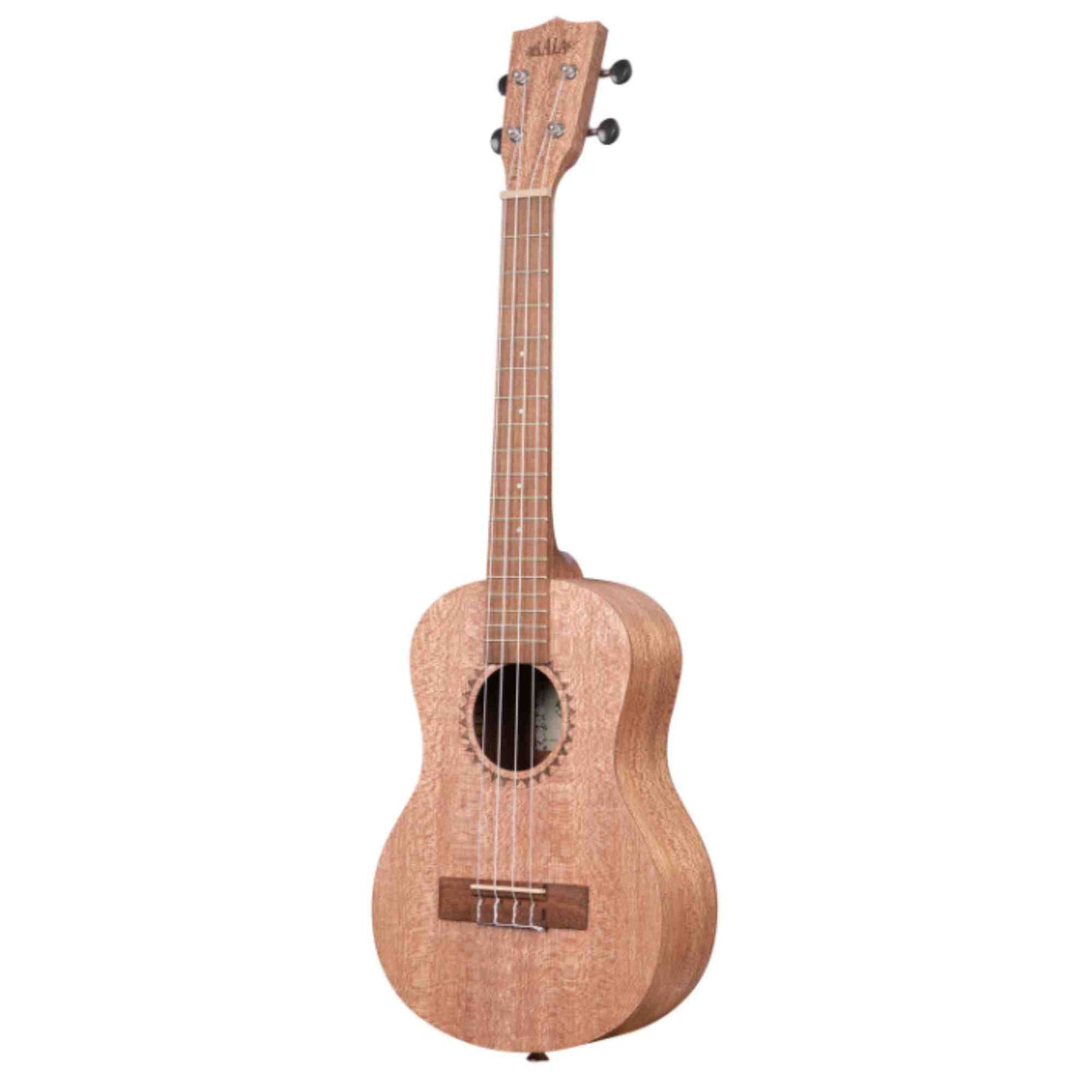 The image shows a concert or tenor ukulele with four strings, a small figure-8 shaped body, and a natural wood finish with visible grain. It features a central sound hole, fretted neck with position markers, four tuning pegs on the headstock, and a bridge anchoring the strings. Known for its bright sound, the ukulele is popular in Hawaiian music and as a beginner-friendly string instrument.