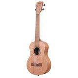 The image shows a concert or tenor ukulele with four strings, a small figure-8 shaped body, and a natural wood finish with visible grain. It features a central sound hole, fretted neck with position markers, four tuning pegs on the headstock, and a bridge anchoring the strings. Known for its bright sound, the ukulele is popular in Hawaiian music and as a beginner-friendly string instrument.