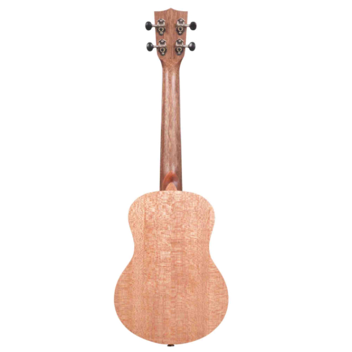 The image shows the back view of a ukulele with a natural wood finish and visible grain. It features four tuning pegs (two on each side), a figure-8 shaped body typical of ukuleles, and a long, slender neck. The all-wood instrument is photographed against a white background, highlighting its quality construction, likely for product display or sale.