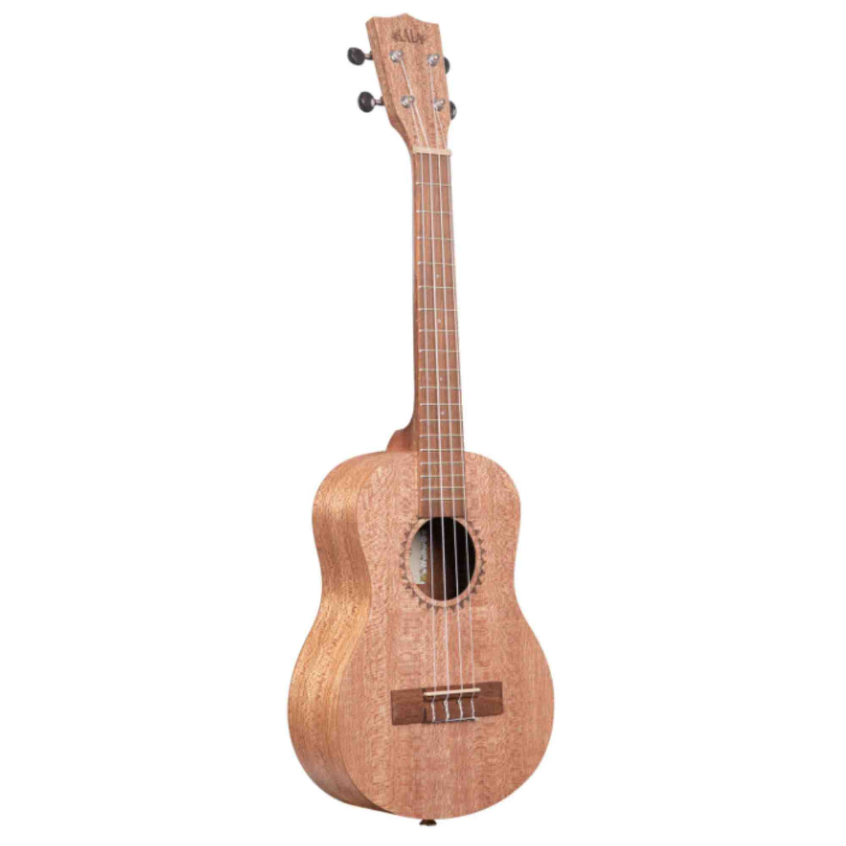 The image shows a light-colored wood ukulele, likely mahogany, with four strings and black tuning pegs. It features a traditional figure-8 body shape, a circular sound hole, visible fret markers, and a bridge with a tied-on string design. Based on its size, it appears to be a concert or tenor model. The ukulele is photographed against a white background, highlighting its classic construction and design.