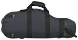 The image shows a black, soft-sided violin or viola case made of durable fabric. It has a padded top handle, multiple metal D-rings for straps, black webbing trim, a contoured shape matching the instrument, and a zippered closure. Designed for protection and lightweight transport, this case is ideal for carrying violins or violas to lessons, rehearsals, and performances.