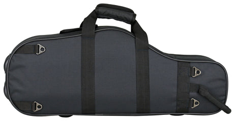 The image shows a black, soft-sided violin or viola case made of durable fabric. It has a padded top handle, multiple metal D-rings for straps, black webbing trim, a contoured shape matching the instrument, and a zippered closure. Designed for protection and lightweight transport, this case is ideal for carrying violins or violas to lessons, rehearsals, and performances.