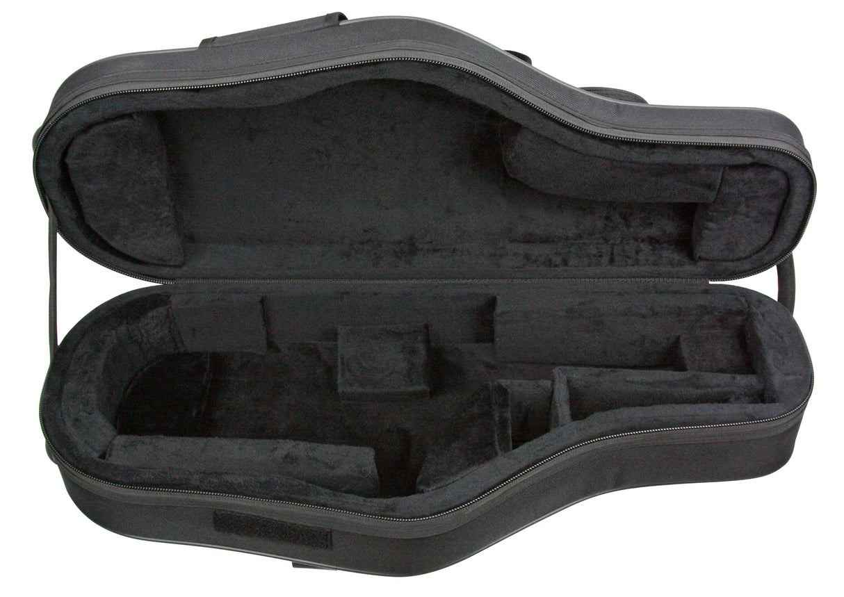 The image shows a black or dark gray hard or semi-hard case for a wind instrument, likely a trumpet or cornet. The open case reveals a molded interior with black foam padding and custom compartments for the instrument’s body, valves, and accessories such as a mouthpiece and cleaning supplies. It has a carrying handle and provides padded protection for safe storage and transport of the instrument and its accessories.