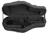 The image shows a black or dark gray hard or semi-hard case for a wind instrument, likely a trumpet or cornet. The open case reveals a molded interior with black foam padding and custom compartments for the instrument’s body, valves, and accessories such as a mouthpiece and cleaning supplies. It has a carrying handle and provides padded protection for safe storage and transport of the instrument and its accessories.