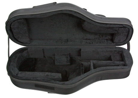 The image shows a black or dark gray hard or semi-hard case for a wind instrument, likely a trumpet or cornet. The open case reveals a molded interior with black foam padding and custom compartments for the instrument’s body, valves, and accessories such as a mouthpiece and cleaning supplies. It has a carrying handle and provides padded protection for safe storage and transport of the instrument and its accessories.