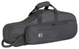 The image shows a charcoal gray soft-sided gig bag for a tenor saxophone or similar wind instrument. It has multiple zippered pockets, padded handles, an adjustable shoulder strap, and a white logo featuring a "K" or similar letter. The durable, reinforced case has an elongated curved shape matching the instrument, designed for lightweight, portable protection and accessory storage.