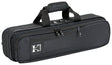 The image shows a black soft-sided flute case with a durable nylon or canvas exterior. It has dual padded carry handles, multiple zippered compartments for storage, and a brand logo patch (possibly "Kaces"). Designed for professional protection, the case is ideal for flute players to safely transport their instrument and accessories like cleaning cloths and sheet music.