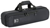 The image shows a black soft-sided flute case with a durable nylon or canvas exterior. It has dual padded carry handles, multiple zippered compartments for storage, and a brand logo patch (possibly "Kaces"). Designed for professional protection, the case is ideal for flute players to safely transport their instrument and accessories like cleaning cloths and sheet music.