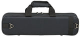 The image shows a black, rectangular soft case for a wind instrument, likely a flute. It has a zippered top, padded carrying handles, and a detachable shoulder strap with metal hardware. The case features reinforced construction, compact elongated shape, and durable fabric, providing lightweight protection and portability for delicate instruments, suitable for students and professionals.