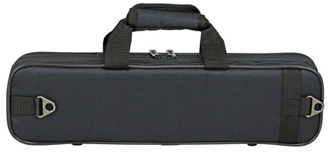 The image shows a black, rectangular soft case for a wind instrument, likely a flute. It has a zippered top, padded carrying handles, and a detachable shoulder strap with metal hardware. The case features reinforced construction, compact elongated shape, and durable fabric, providing lightweight protection and portability for delicate instruments, suitable for students and professionals.
