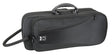 The image shows a black, soft-sided musical instrument case, likely for a trumpet or similar brass instrument. It has a sturdy handle, adjustable shoulder strap, multiple zippered compartments, and a "K" brand label, possibly Kaces. The case is designed to protect instruments and store accessories like mouthpieces and valve oil, featuring professional black styling typical of performance-grade cases.