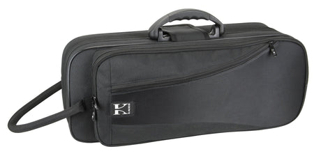 The image shows a black, soft-sided musical instrument case, likely for a trumpet or similar brass instrument. It has a sturdy handle, adjustable shoulder strap, multiple zippered compartments, and a "K" brand label, possibly Kaces. The case is designed to protect instruments and store accessories like mouthpieces and valve oil, featuring professional black styling typical of performance-grade cases.