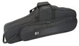 The image shows a black fabric saxophone case, likely for an alto or tenor saxophone. It has a curved main compartment, multiple zippered exterior pockets for accessories, padded handles, and a shoulder strap. The case features reinforced edges, a brand logo on the front, and offers lightweight, protective storage ideal for musicians on the go.