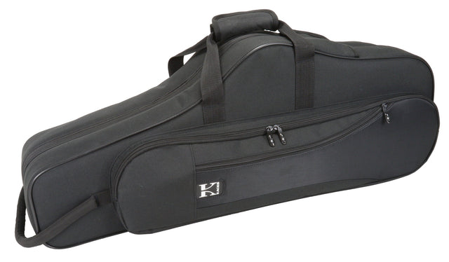 The image shows a black fabric saxophone case, likely for an alto or tenor saxophone. It has a curved main compartment, multiple zippered exterior pockets for accessories, padded handles, and a shoulder strap. The case features reinforced edges, a brand logo on the front, and offers lightweight, protective storage ideal for musicians on the go.