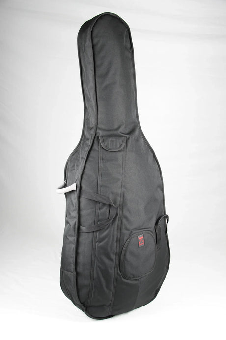 The image shows a dark gray padded guitar gig bag with a guitar-shaped silhouette suitable for acoustic or electric guitars. It features multiple carrying handles, heavy-duty zippers, reinforced stitching, and at least one external pocket with a small red/orange logo. Designed to protect and transport guitars, it offers lightweight, portable protection preferred by musicians for gigs, lessons, and rehearsals.