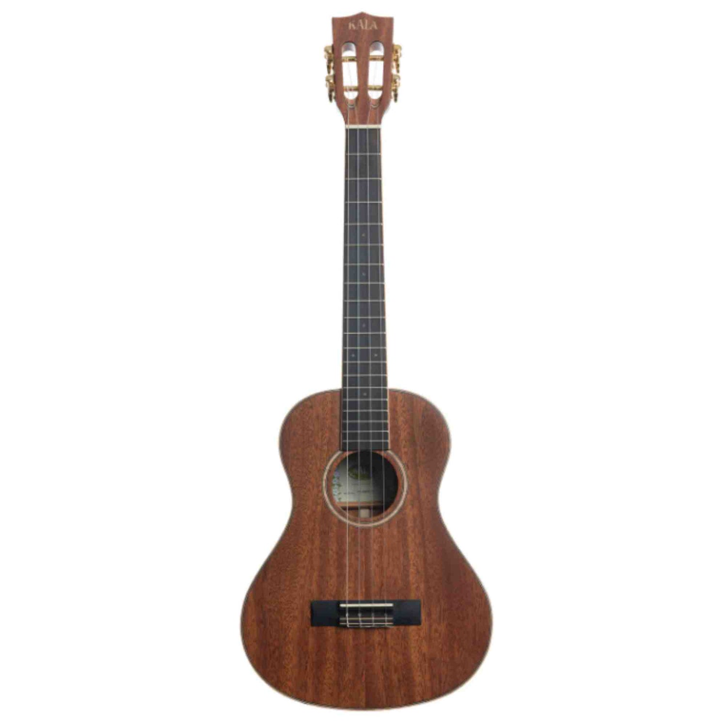 The image shows a Kala ukulele with a classic figure-8 body made from warm-toned wood, likely mahogany, featuring a natural finish that highlights the grain. It has four strings, a circular sound hole, a dark fretboard, and gold-colored tuning pegs. The headstock displays the "KALA" brand. The size suggests it is a concert or tenor model, suitable for beginners and experienced players.