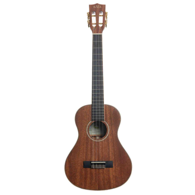 The image shows a Kala ukulele with a classic figure-8 body made from warm-toned wood, likely mahogany, featuring a natural finish that highlights the grain. It has four strings, a circular sound hole, a dark fretboard, and gold-colored tuning pegs. The headstock displays the "KALA" brand. The size suggests it is a concert or tenor model, suitable for beginners and experienced players.
