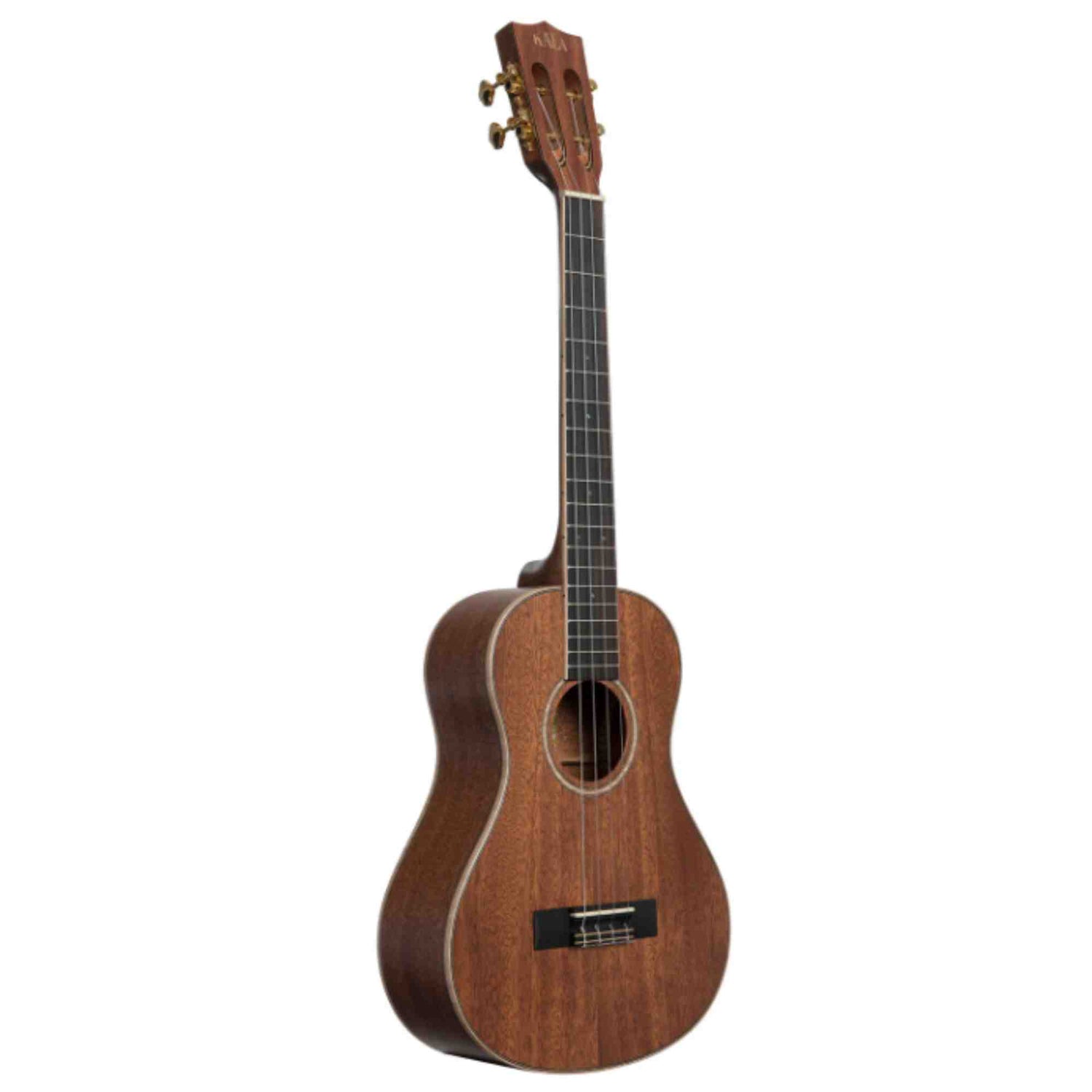 The image shows a concert or tenor ukulele with a small, guitar-like body and a warm brown wood finish. It has four strings, a round sound hole, four tuning pegs on the headstock, a fretted fingerboard with markers, light-colored binding around the body edges, and a small bridge near the bottom. The wood grain and finish suggest a mid-range quality instrument suitable for beginners and experienced players.