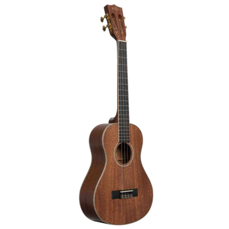 The image shows a concert or tenor ukulele with a small, guitar-like body and a warm brown wood finish. It has four strings, a round sound hole, four tuning pegs on the headstock, a fretted fingerboard with markers, light-colored binding around the body edges, and a small bridge near the bottom. The wood grain and finish suggest a mid-range quality instrument suitable for beginners and experienced players.