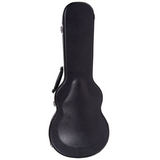 The image shows a black hard shell guitar case with a classic silhouette shaped to fit a guitar’s body and neck. It has a black exterior, metal latches, and a black handle for carrying. This protective case is designed to securely transport and shield guitars from impacts and damage during travel or storage.