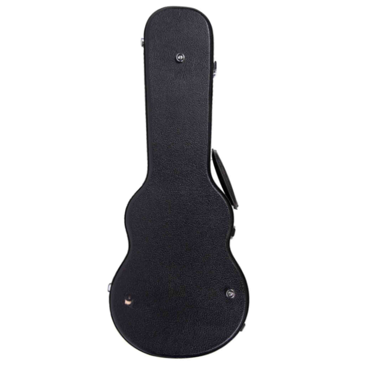 The image shows a black hardshell guitar case with a classic guitar shape, featuring a narrow neck and wider body section. It has a textured exterior, metal latches for secure closure, a side carrying handle, and metal studs or rivets for reinforcement. Designed for maximum protection, it offers superior security and durability compared to soft gig bags.
