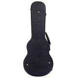 The image shows a black hardshell guitar case with a classic guitar shape, featuring a narrow neck and wider body section. It has a textured exterior, metal latches for secure closure, a side carrying handle, and metal studs or rivets for reinforcement. Designed for maximum protection, it offers superior security and durability compared to soft gig bags.