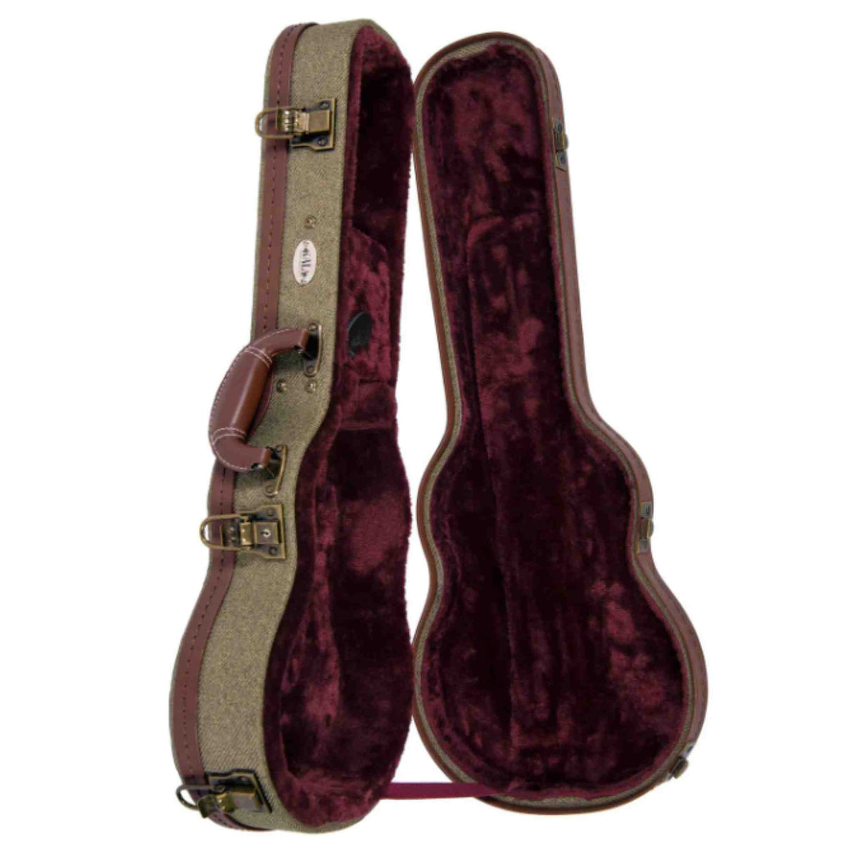 The image shows a vintage-style guitar hard case with an olive/tan tweed or canvas exterior, brown leather trim and corners, and brass-colored latches. It has a brown leather handle and a molded, guitar-shaped interior lined with plush burgundy velvet to protect the instrument. This hard case offers durable protection, favored by musicians for touring, recording, or storing guitars safely.