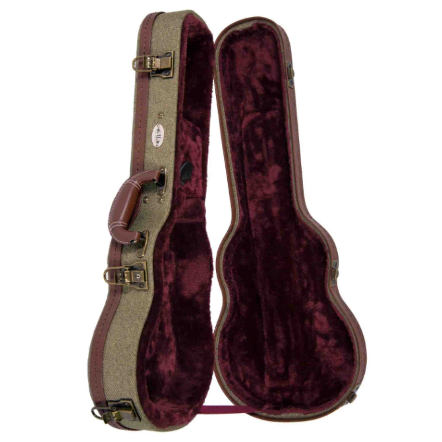 The image shows a vintage-style guitar hard case with an olive/tan tweed or canvas exterior, brown leather trim and corners, and brass-colored latches. It has a brown leather handle and a molded, guitar-shaped interior lined with plush burgundy velvet to protect the instrument. This hard case offers durable protection, favored by musicians for touring, recording, or storing guitars safely.