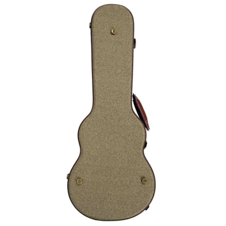 The image shows a hard shell acoustic guitar case with a classic guitar shape. It has a textured olive green or sage fabric exterior, dark brown leather trim, and multiple brass or gold-colored metal latches for secure closure. The case is sturdy and designed to protect guitars from damage, moisture, and temperature changes, making it ideal for musicians who need reliable protection during travel or storage.