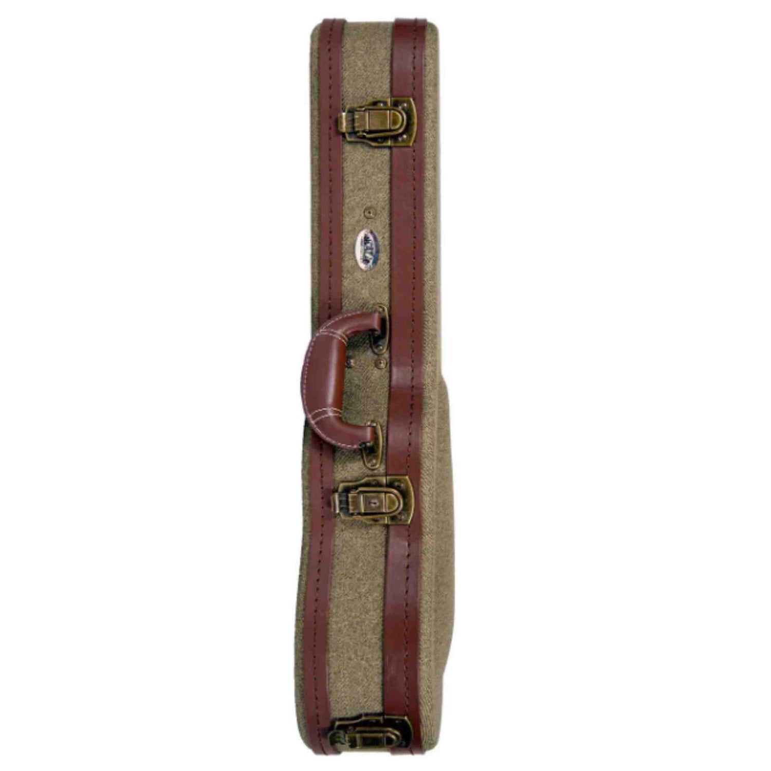 The image shows a vintage-style rectangular musical instrument case with rounded corners, featuring a tan tweed-like body and brown leather trim. It has two brass latches, a central brown leather handle, and a small badge. Designed for string instruments like violins, the hard case offers secure, stylish protection, reflecting either genuine vintage or vintage-inspired craftsmanship for serious musicians.