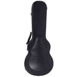 The image shows a black, textured hard guitar case with a molded shell, metal latches, and a side handle. It is shaped to fit a guitar's body and neck, providing strong protection against impacts and weather. This sturdy case is essential for safely transporting guitars and is widely used by both amateur and professional musicians.