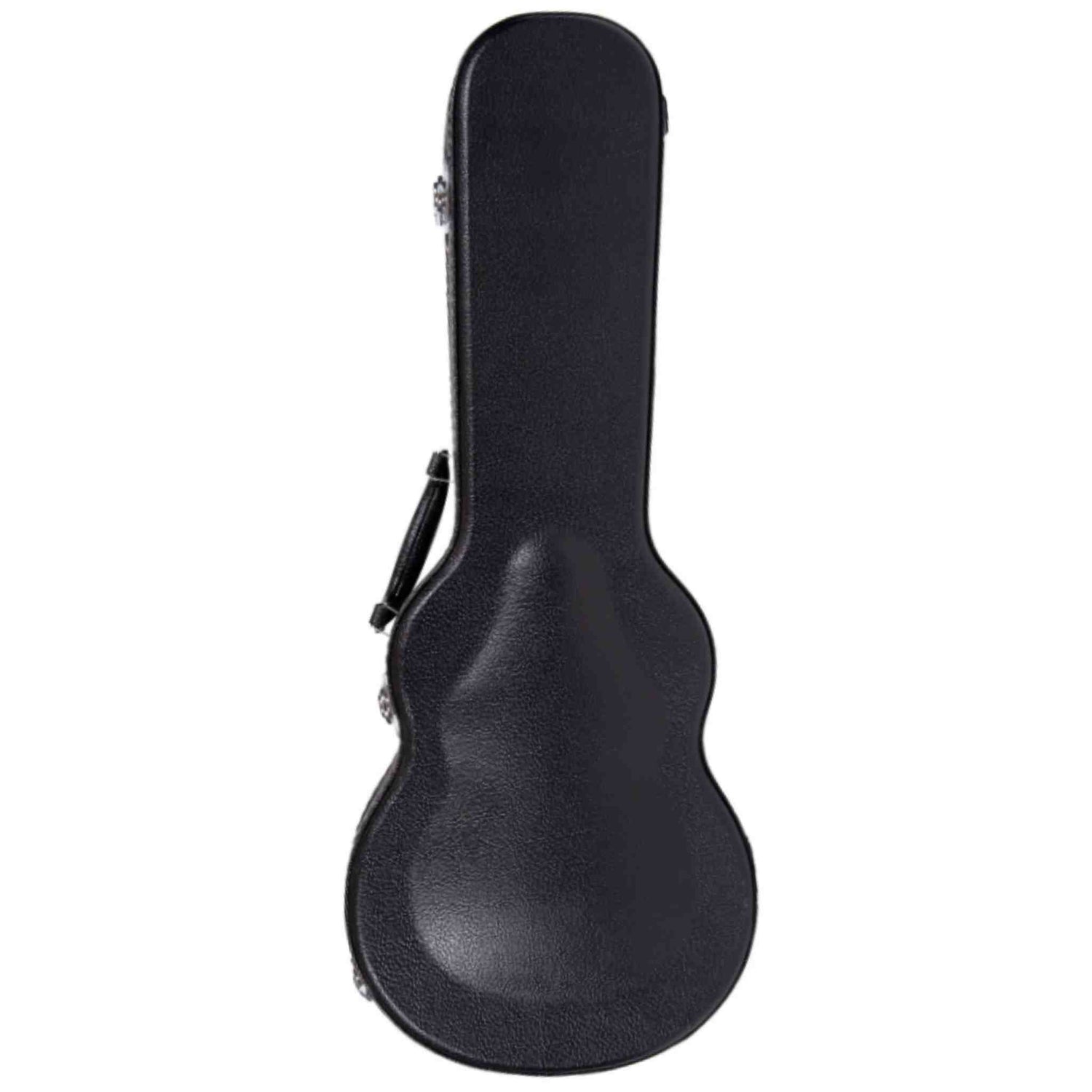 The image shows a black, textured hard guitar case with a molded shell, metal latches, and a side handle. It is shaped to fit a guitar's body and neck, providing strong protection against impacts and weather. This sturdy case is essential for safely transporting guitars and is widely used by both amateur and professional musicians.