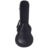 The image shows a black, textured hard guitar case with a molded shell, metal latches, and a side handle. It is shaped to fit a guitar's body and neck, providing strong protection against impacts and weather. This sturdy case is essential for safely transporting guitars and is widely used by both amateur and professional musicians.