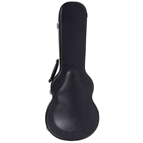 The image shows a black, textured hard guitar case with a molded shell, metal latches, and a side handle. It is shaped to fit a guitar's body and neck, providing strong protection against impacts and weather. This sturdy case is essential for safely transporting guitars and is widely used by both amateur and professional musicians.