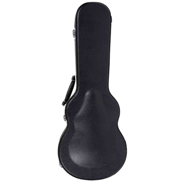 The image shows a black, textured hard guitar case with a molded shell, metal latches, and a side handle. It is shaped to fit a guitar's body and neck, providing strong protection against impacts and weather. This sturdy case is essential for safely transporting guitars and is widely used by both amateur and professional musicians.