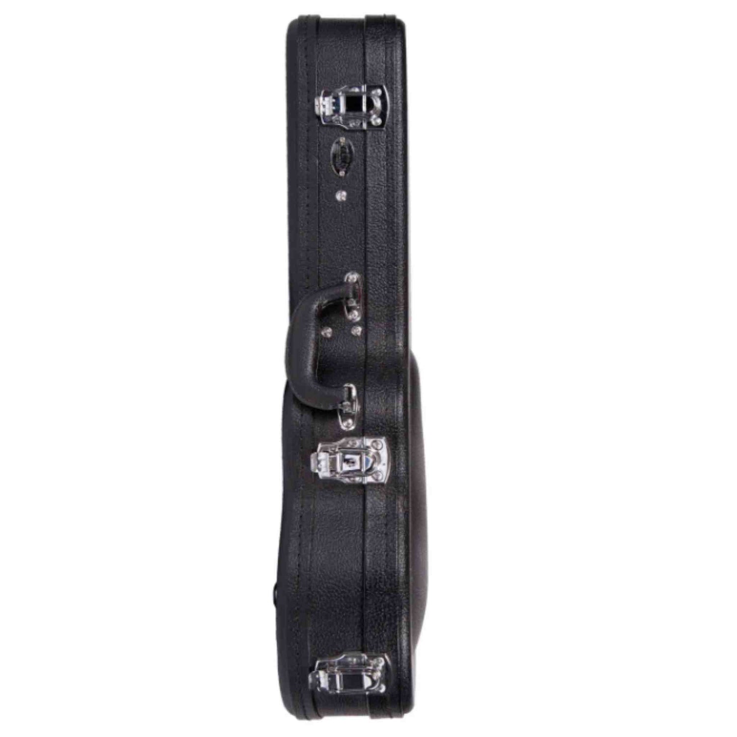 The image shows a black hard shell case for a small stringed instrument like a violin, viola, or mandolin. It has a textured exterior, multiple silver metal latches, a side carrying handle, and a sturdy build. The case’s elongated rectangular shape and secure closures provide essential protection for safely transporting the instrument.