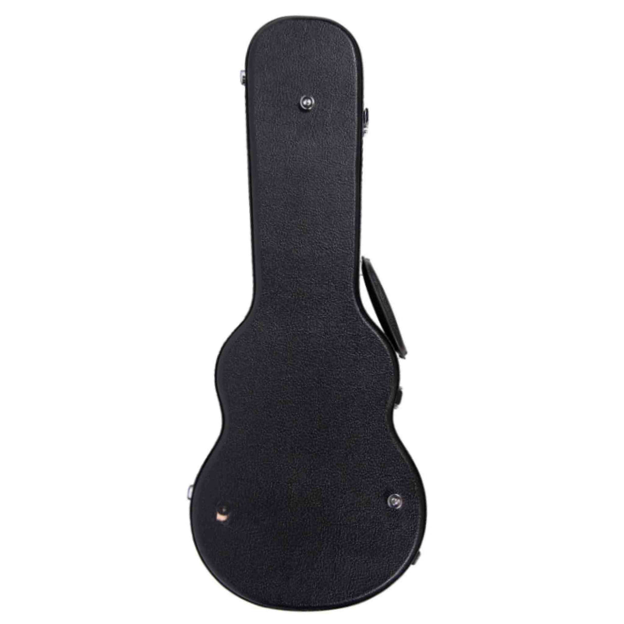 The image shows a black, hard-shell guitar case with a textured exterior and a guitar-shaped profile. It features metal latches and a handle for secure closure and easy transport. Designed for protection, this professional-grade case safeguards the instrument from impacts and environmental damage, making it essential for musicians transporting their guitars to gigs, sessions, or storage.