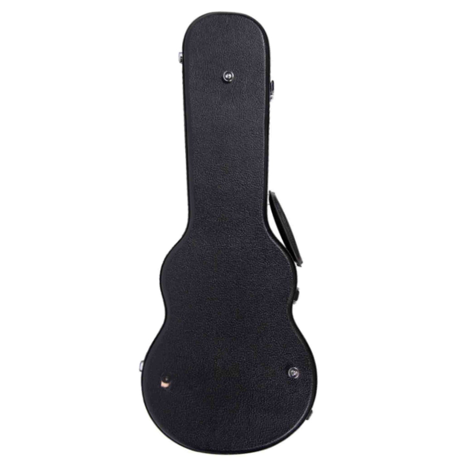 The image shows a black, hard-shell guitar case with a textured exterior and a guitar-shaped profile. It features metal latches and a handle for secure closure and easy transport. Designed for protection, this professional-grade case safeguards the instrument from impacts and environmental damage, making it essential for musicians transporting their guitars to gigs, sessions, or storage.