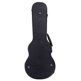 The image shows a black, hard-shell guitar case with a textured exterior and a guitar-shaped profile. It features metal latches and a handle for secure closure and easy transport. Designed for protection, this professional-grade case safeguards the instrument from impacts and environmental damage, making it essential for musicians transporting their guitars to gigs, sessions, or storage.