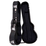 The image shows a black hard shell guitar case for an acoustic guitar, featuring a sleek exterior, multiple silver latches, a side handle, and a plush black interior with custom-molded compartments. The case is open, highlighting its protective design that safeguards instruments from impacts and environmental damage, making it a vital accessory for musicians seeking reliable transport and storage.