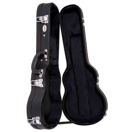 The image shows a black hard shell guitar case for an acoustic guitar, featuring a sleek exterior, multiple silver latches, a side handle, and a plush black interior with custom-molded compartments. The case is open, highlighting its protective design that safeguards instruments from impacts and environmental damage, making it a vital accessory for musicians seeking reliable transport and storage.