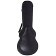The image shows a black hard shell guitar case with a classic silhouette shaped to fit a guitar's body and neck. It has a black exterior, metal latches for secure closure, and a black handle for carrying. This protective case is designed to safely transport and protect a guitar from impacts, weather, and damage during travel or storage.