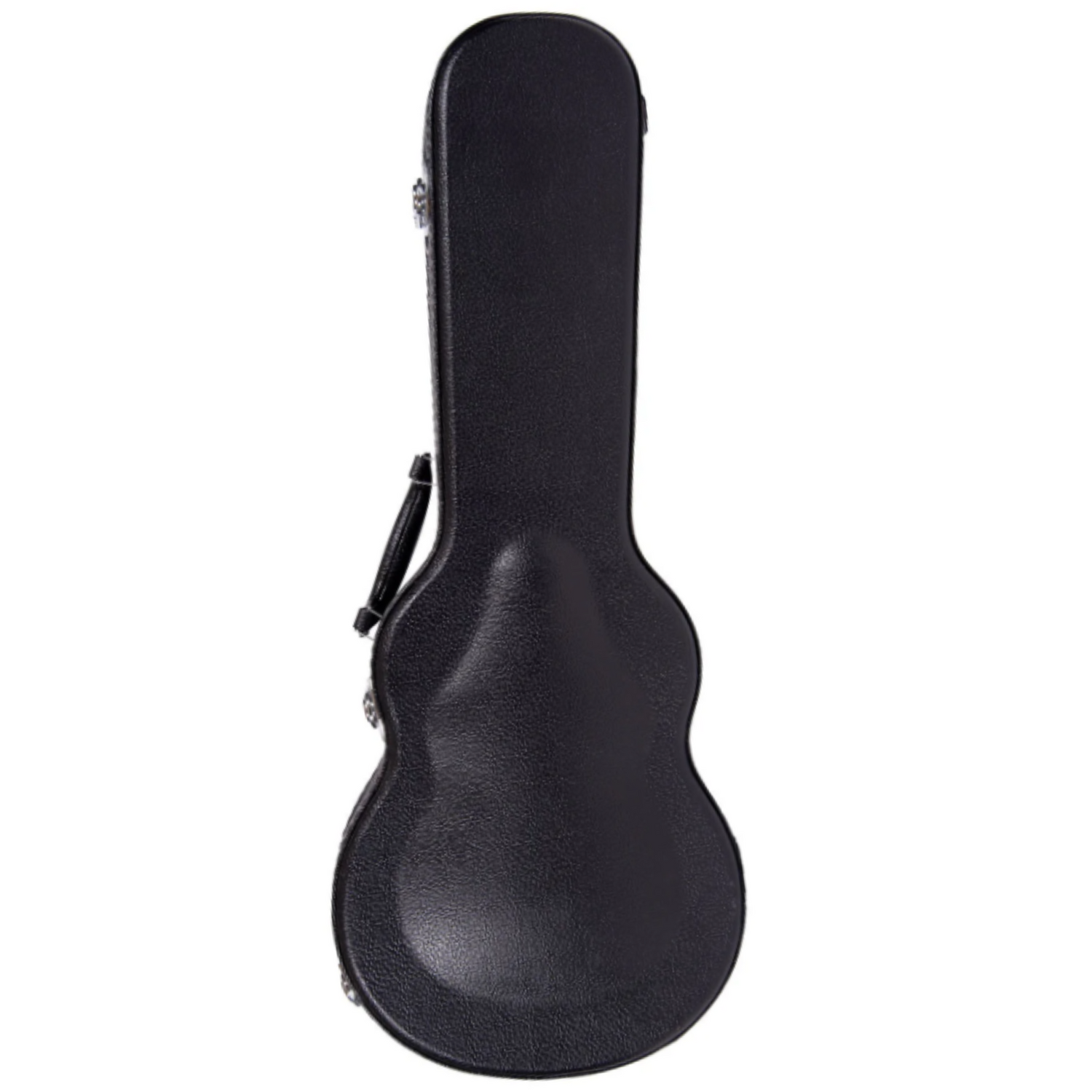 The image shows a black hard shell guitar case with a classic silhouette shaped to fit a guitar's body and neck. It has a black exterior, metal latches for secure closure, and a black handle for carrying. This protective case is designed to safely transport and protect a guitar from impacts, weather, and damage during travel or storage.